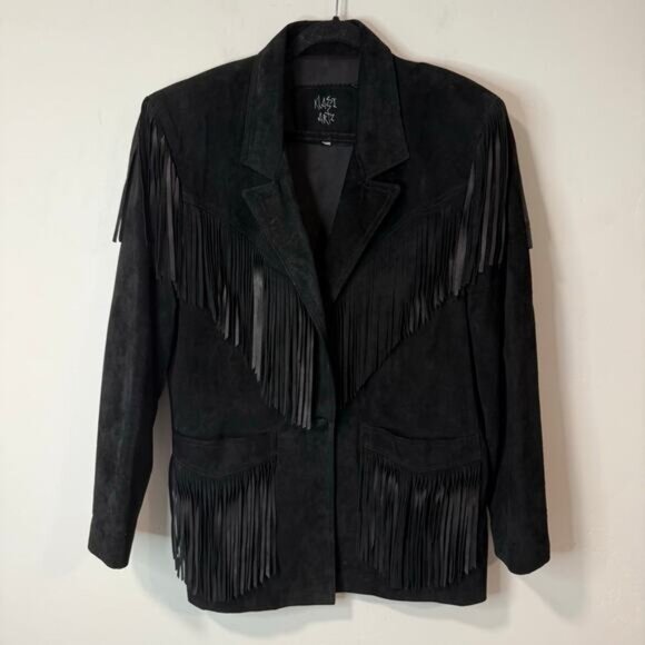 Klassi Artz Unisex Suede Leather Fringe Jacket Black Medium - Picture 1 of 8